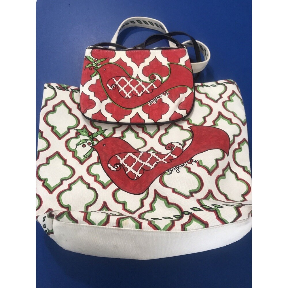 Brighton Canvas Tote Love Birds Tweet Floral Inside Pocket + Crossbody Bag.